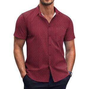 Wine Red Men Short Sleeve Button Down Wrinkle Free Polka Dot Print Shirt